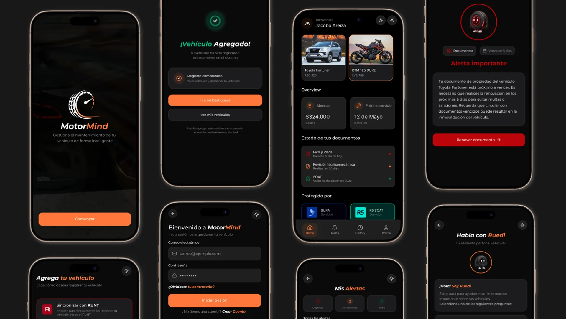 Pantallas de la app Motor Mind en modo oscuro