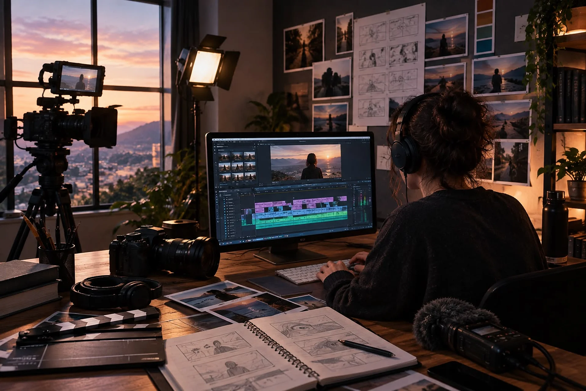 Editora trabajando en la postproducción de un proyecto audiovisual en su estudio