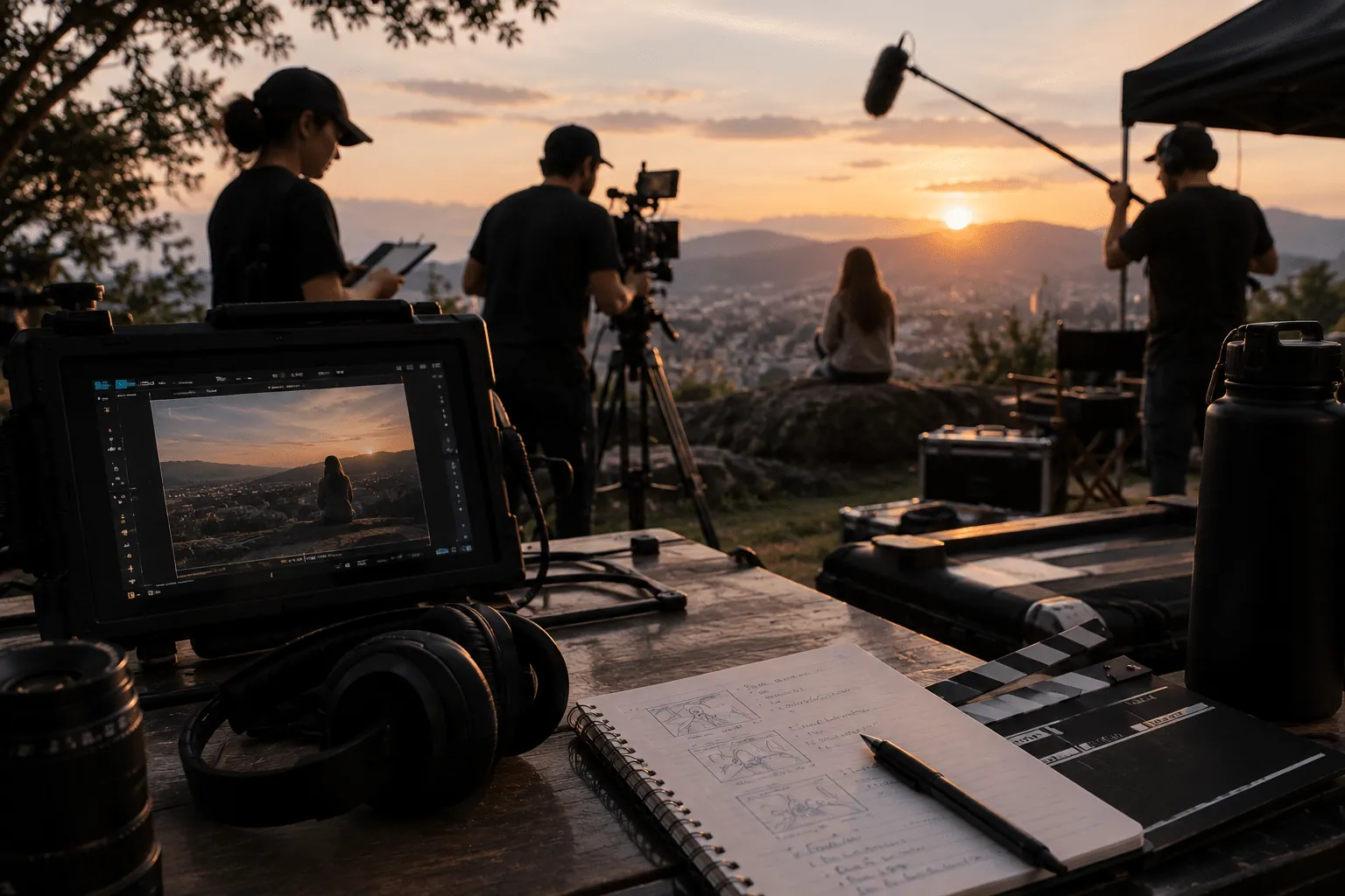 Equipo de producción audiovisual trabajando durante un rodaje