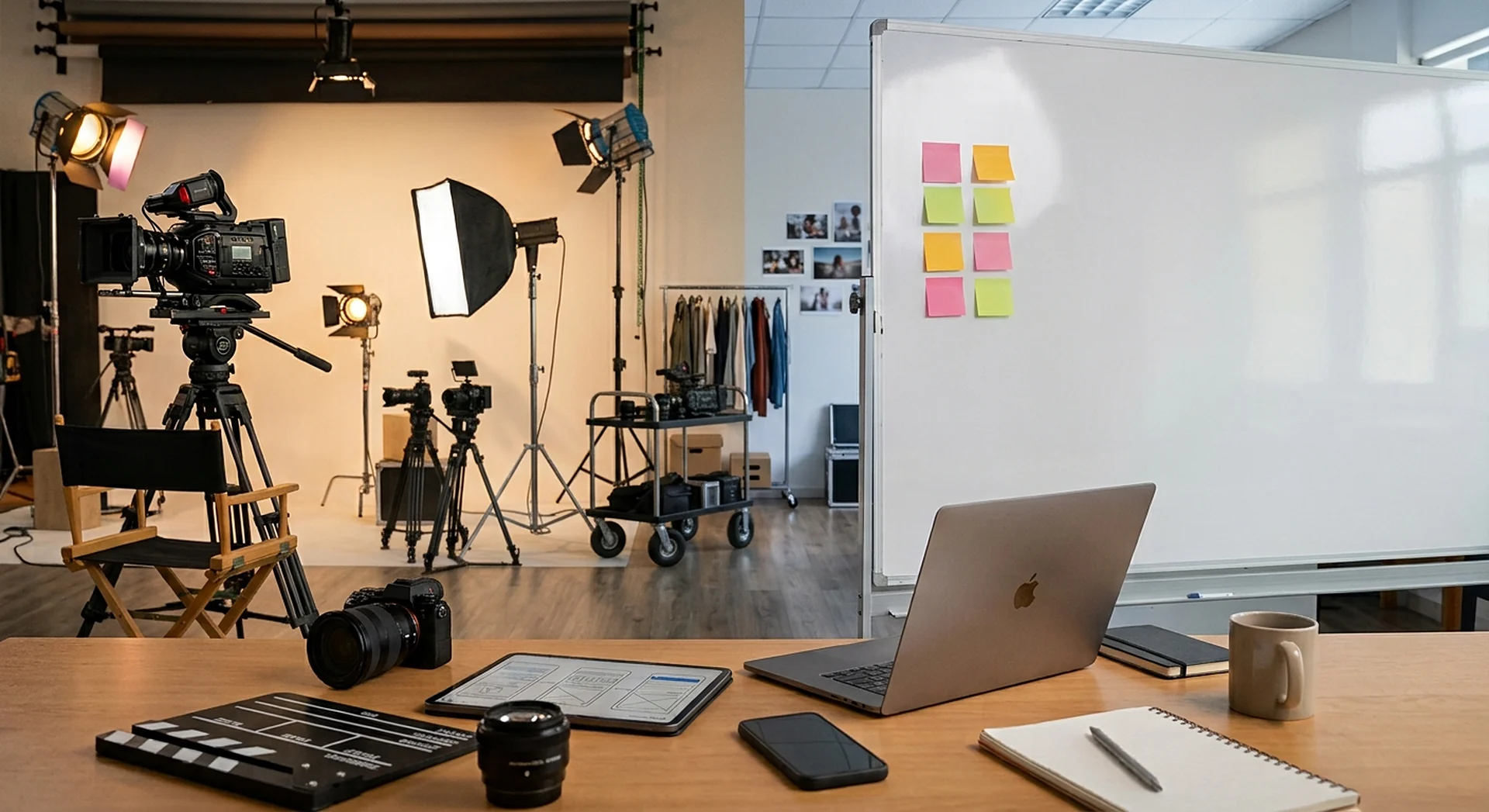 Estudio de producción audiovisual con cámaras, luces y mesa de planeación
