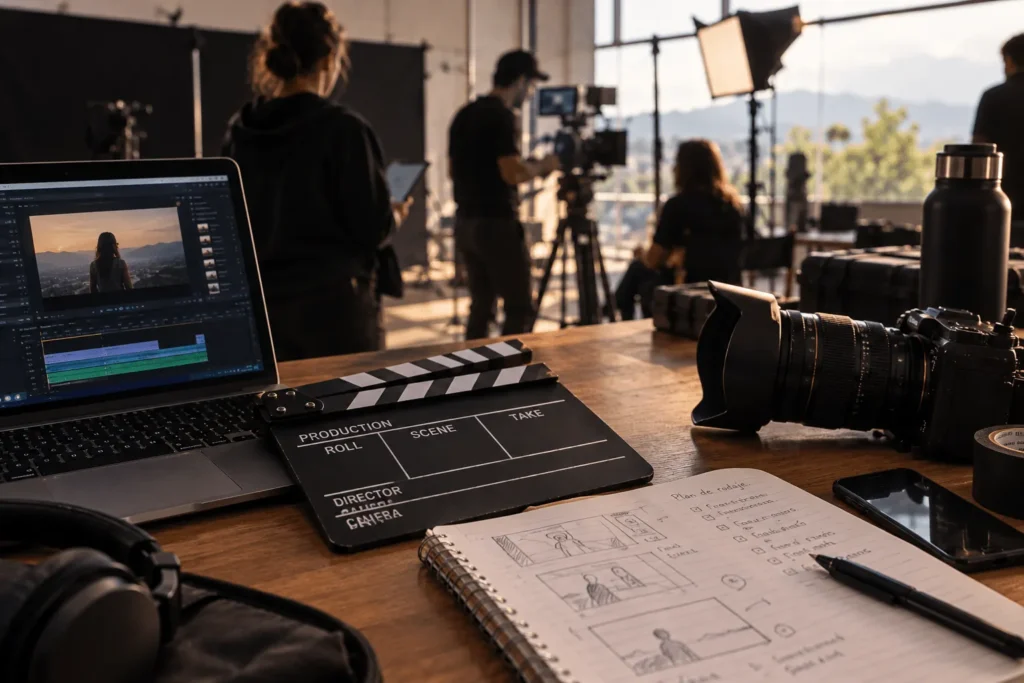 Set de producción audiovisual con cámara, claqueta y plan de rodaje